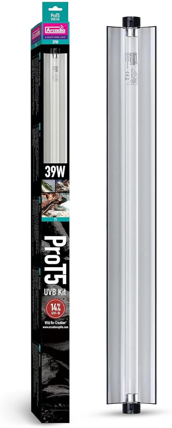 Arcadia ProT5 UVB reptile light fixture kit front view showcasing the sleek black housing and linear lamp tube.