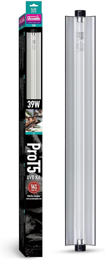 Arcadia ProT5 UVB reptile light fixture kit front view showcasing the sleek black housing and linear lamp tube.