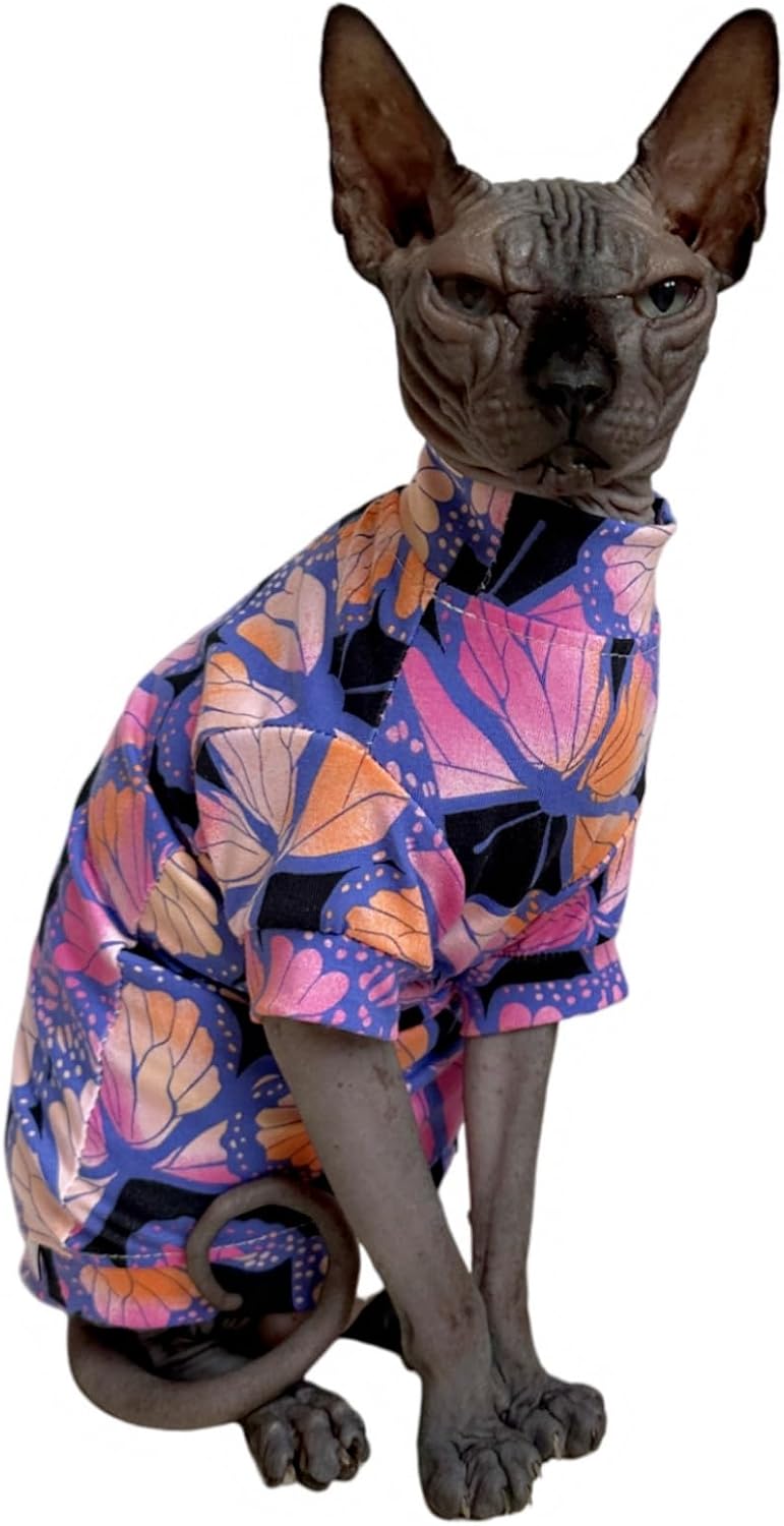 Side profile of a hairless cat wearing a comfortable cotton butterfly shirt
