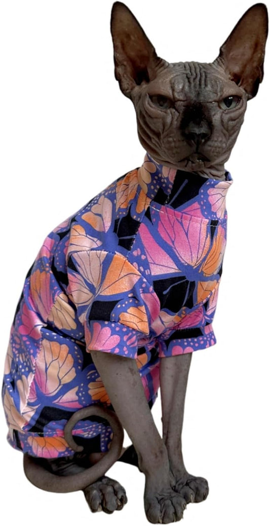 Side profile of a hairless cat wearing a comfortable cotton butterfly shirt