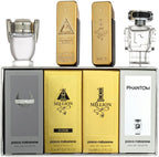 Front view of Paco Rabanne 4 piece travel variety miniature fragrance collection.