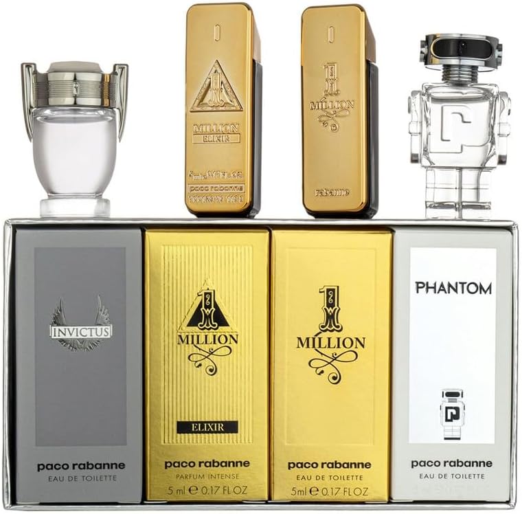 Front view of Paco Rabanne 4 piece travel variety miniature fragrance collection.