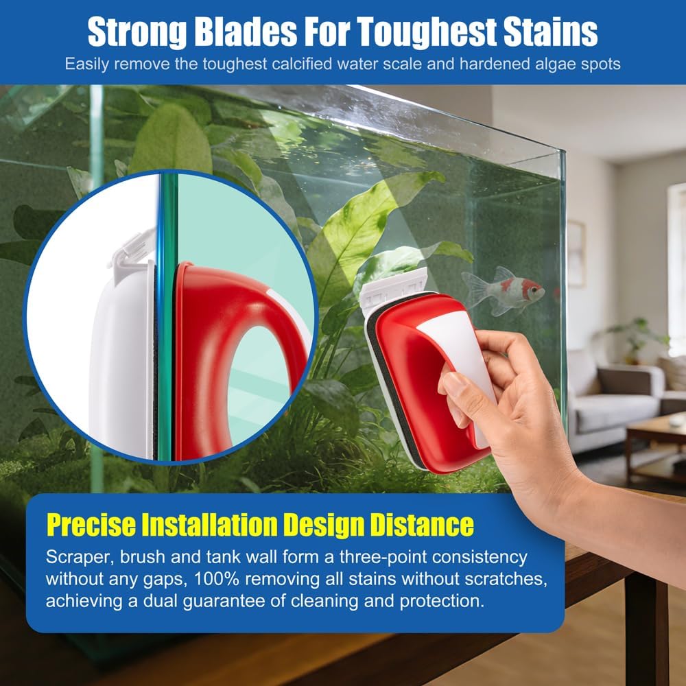 Novique magnetic glass scraper with two included detachable blades for stubborn tank stains.