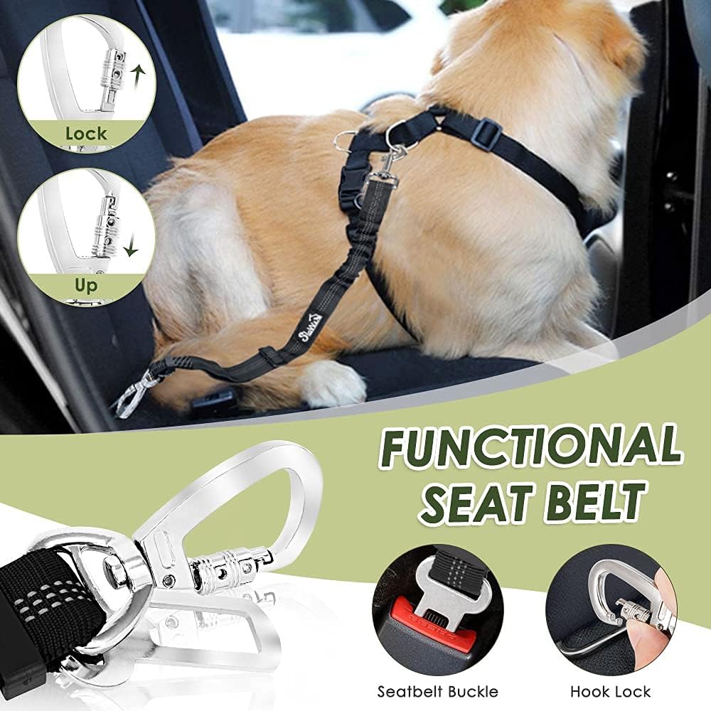 SlowTon Dog Seatbelt, 2 Pack Dog Seat Belt Car Leash Adjustable Elastic Bungee Buffer Heavy Duty Nylon Reflective Pet Safety Tether Connect to Dog Harness for Travel Riding in Vehicle (Daul Clip, B) - Image 3