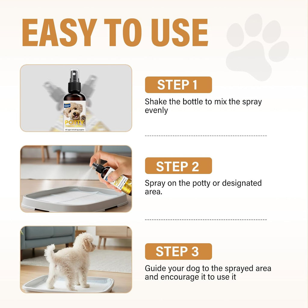 Pet odor neutralizer and training aid spray demonstrating easy application for home hygiene