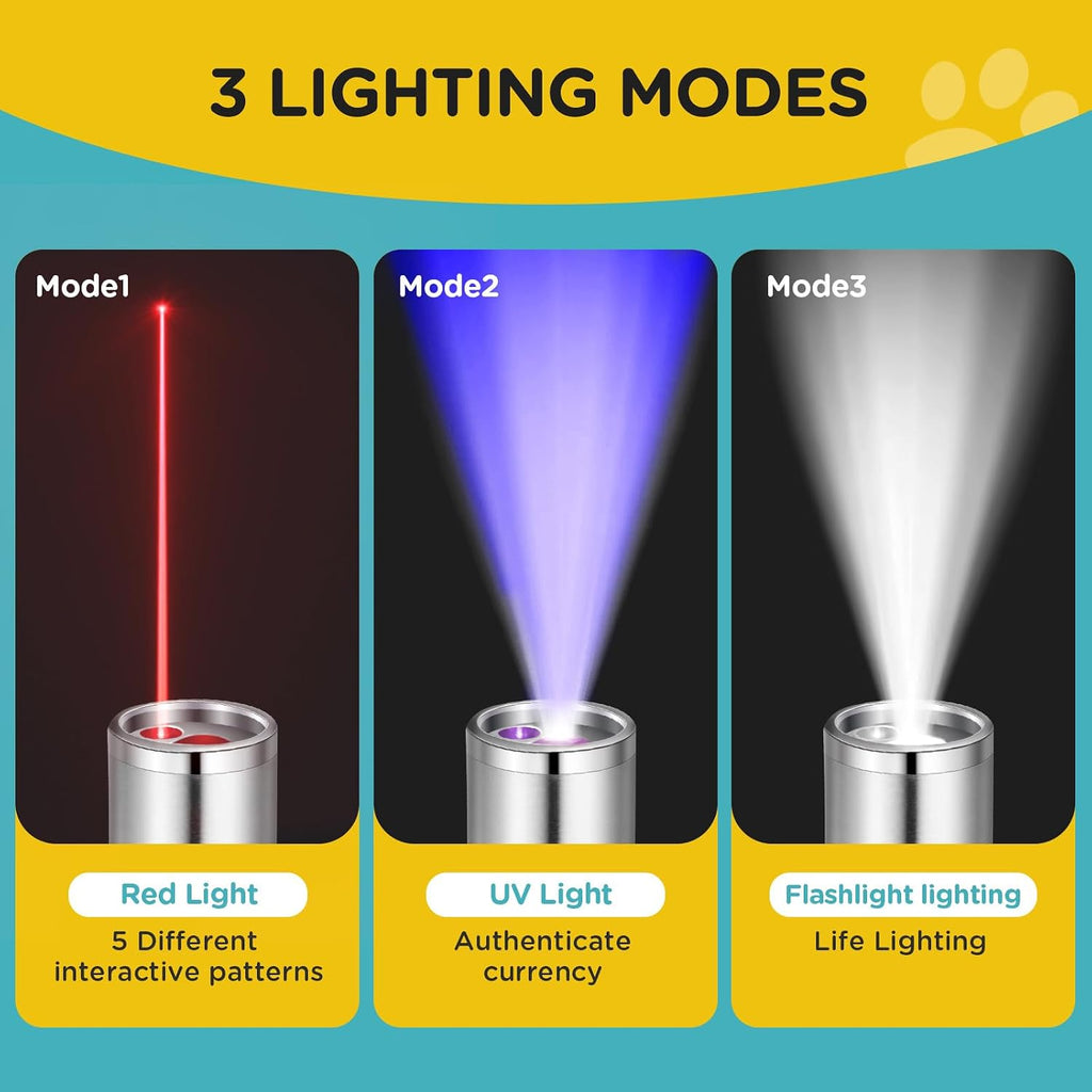 Koackl rechargeable cat light showcasing the three different color modes including red laser and purple UV light.