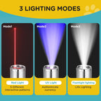 Koackl rechargeable cat light showcasing the three different color modes including red laser and purple UV light.