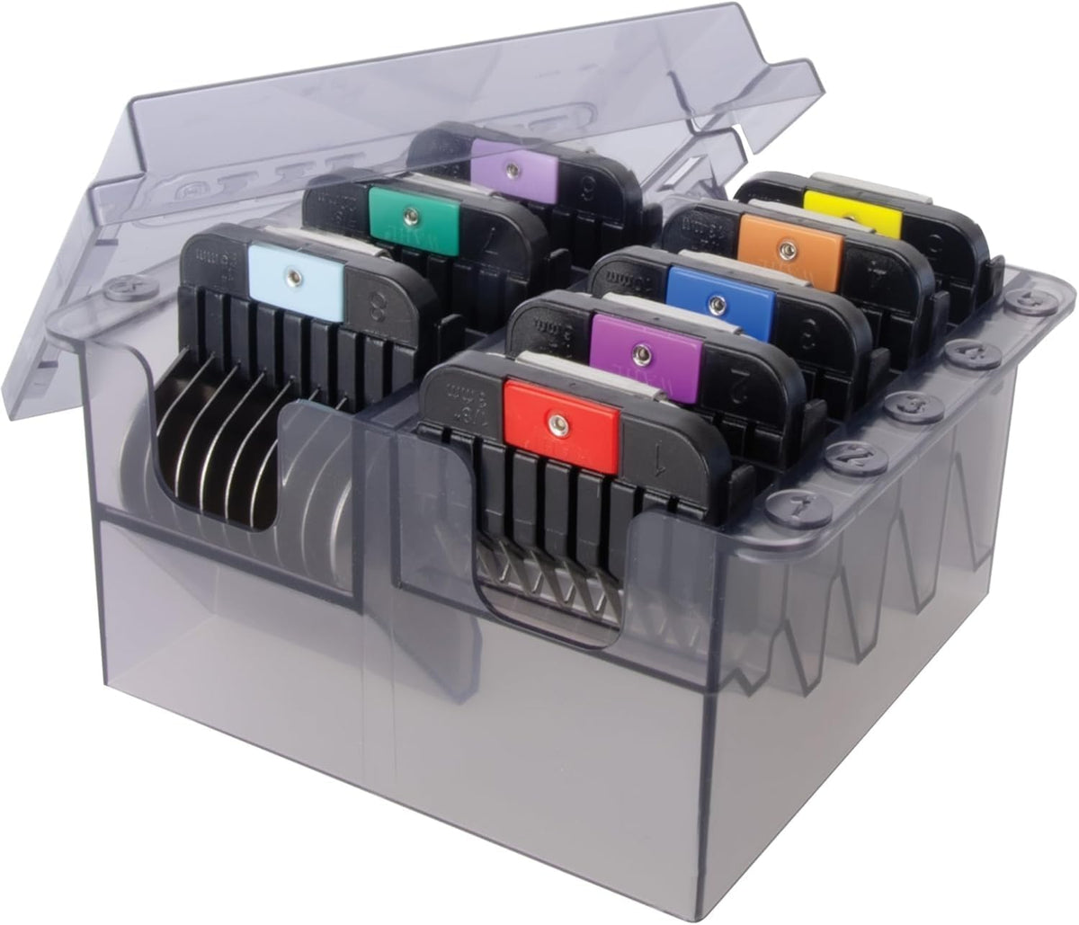 Close up details of the durable metal tines and snap on mechanism of the authentic Wahl USA imported animal grooming attachment combs.