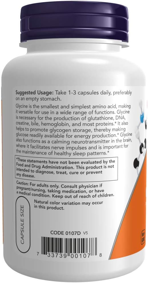 Supplement facts label on Now Foods Glycine 1000 mg vegetarian capsules showing ingredients