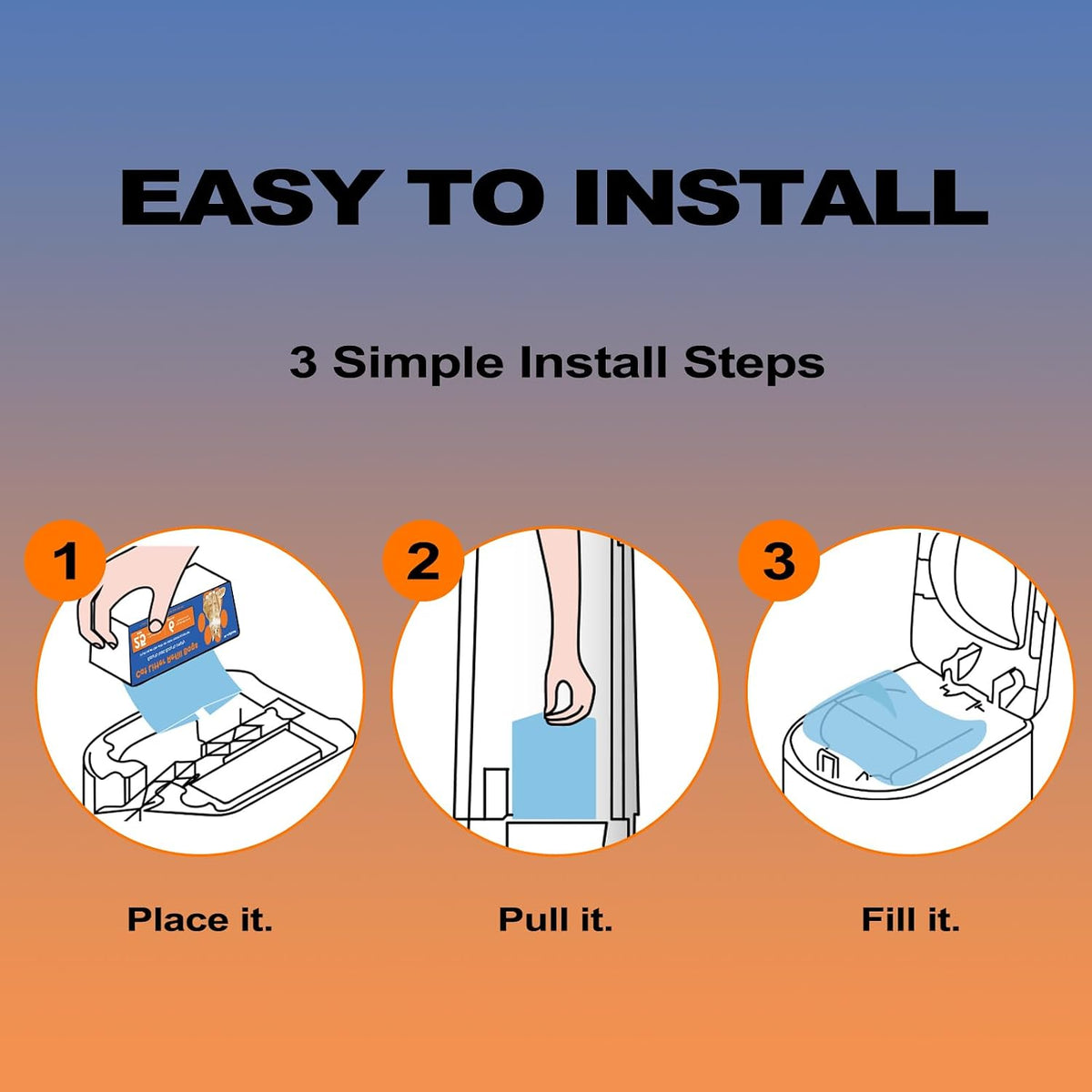 Rear view of the packaging detailing the installation steps for the cat waste refill bags.