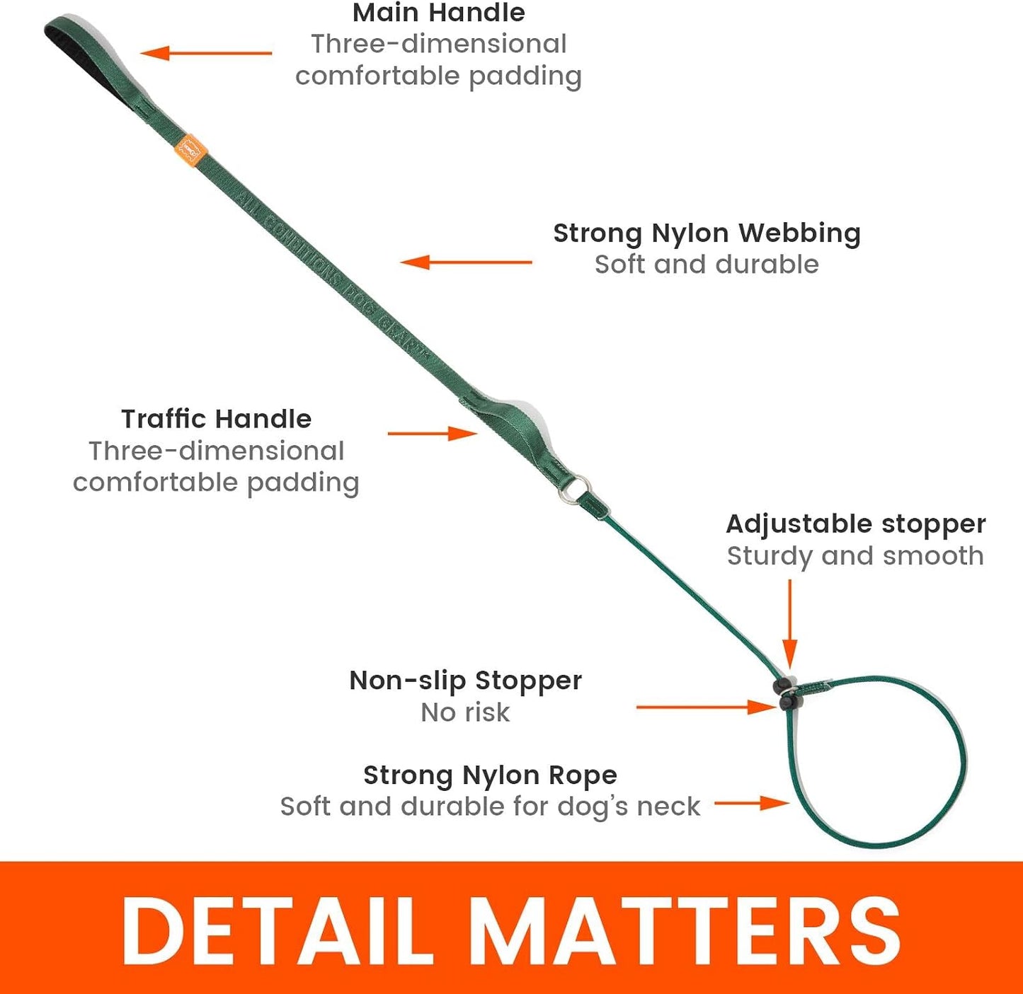 HOWGO heavy duty dog training lead demonstrating the secondary traffic handle for close control