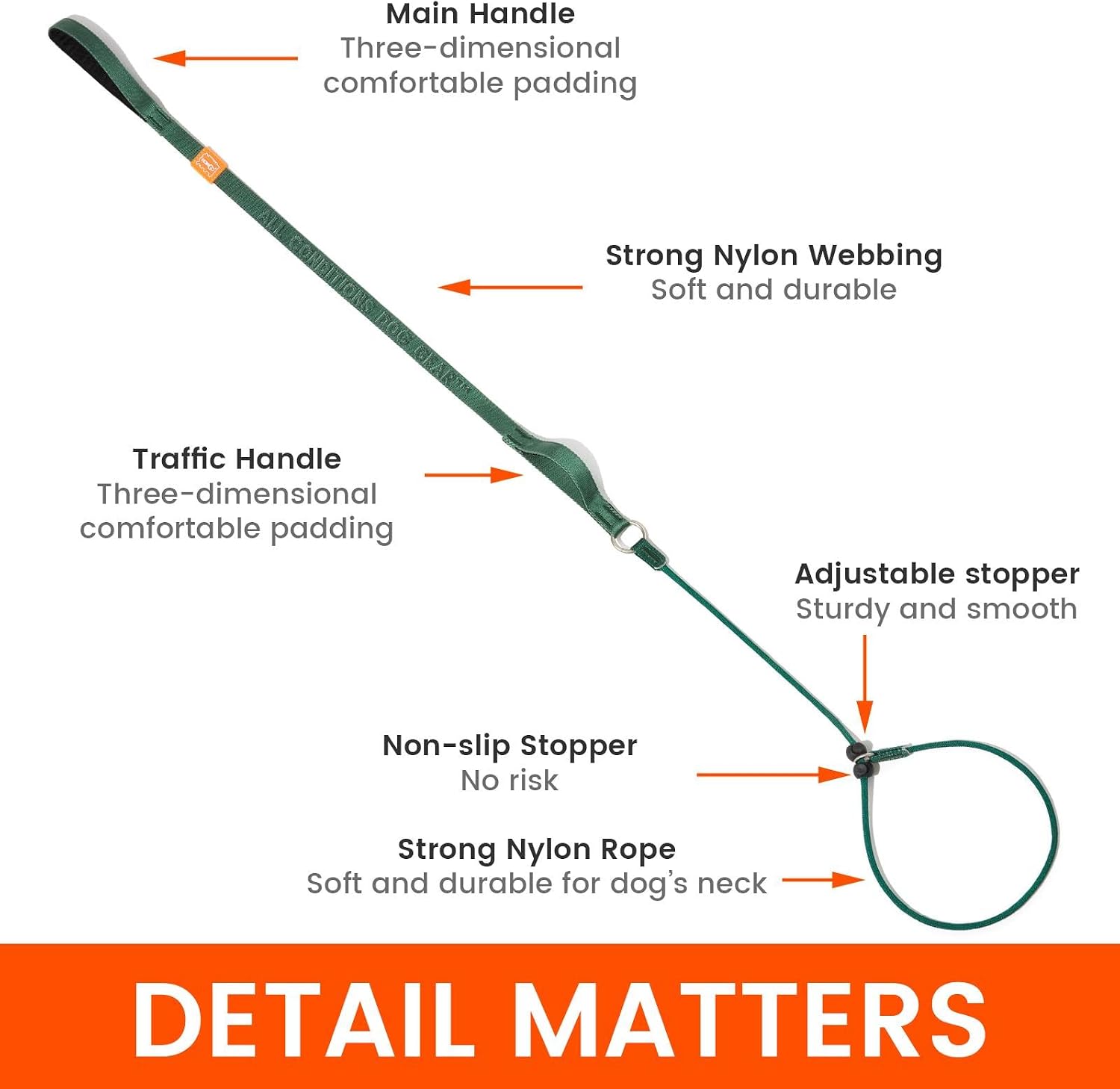 HOWGO heavy duty dog training lead demonstrating the secondary traffic handle for close control