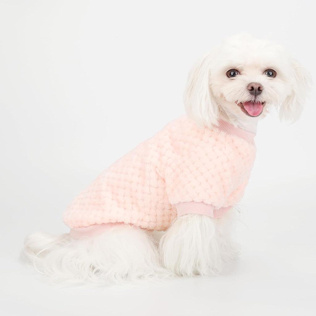 ZIAGAOP fuzzy pineapple grid dog sweater front view pink pet apparel