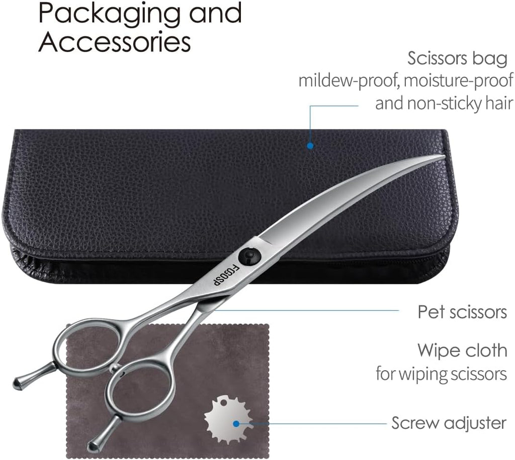 Fogosp dog grooming scissors held in left hand