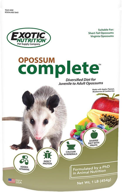 Exotic Nutrition Opossum Complete front view package showcasing premium pellet diet formulation.