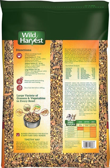Back view of Wild Harvest Advanced Nutrition rabbit food containing detailed nutritional ingredients.