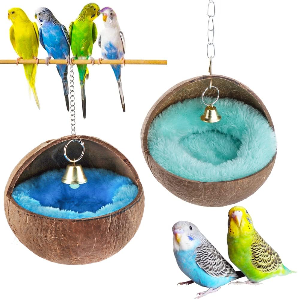 2 Pack Natural Coconut Shell Bird Nest with Pads for Small Parrots - Image 1