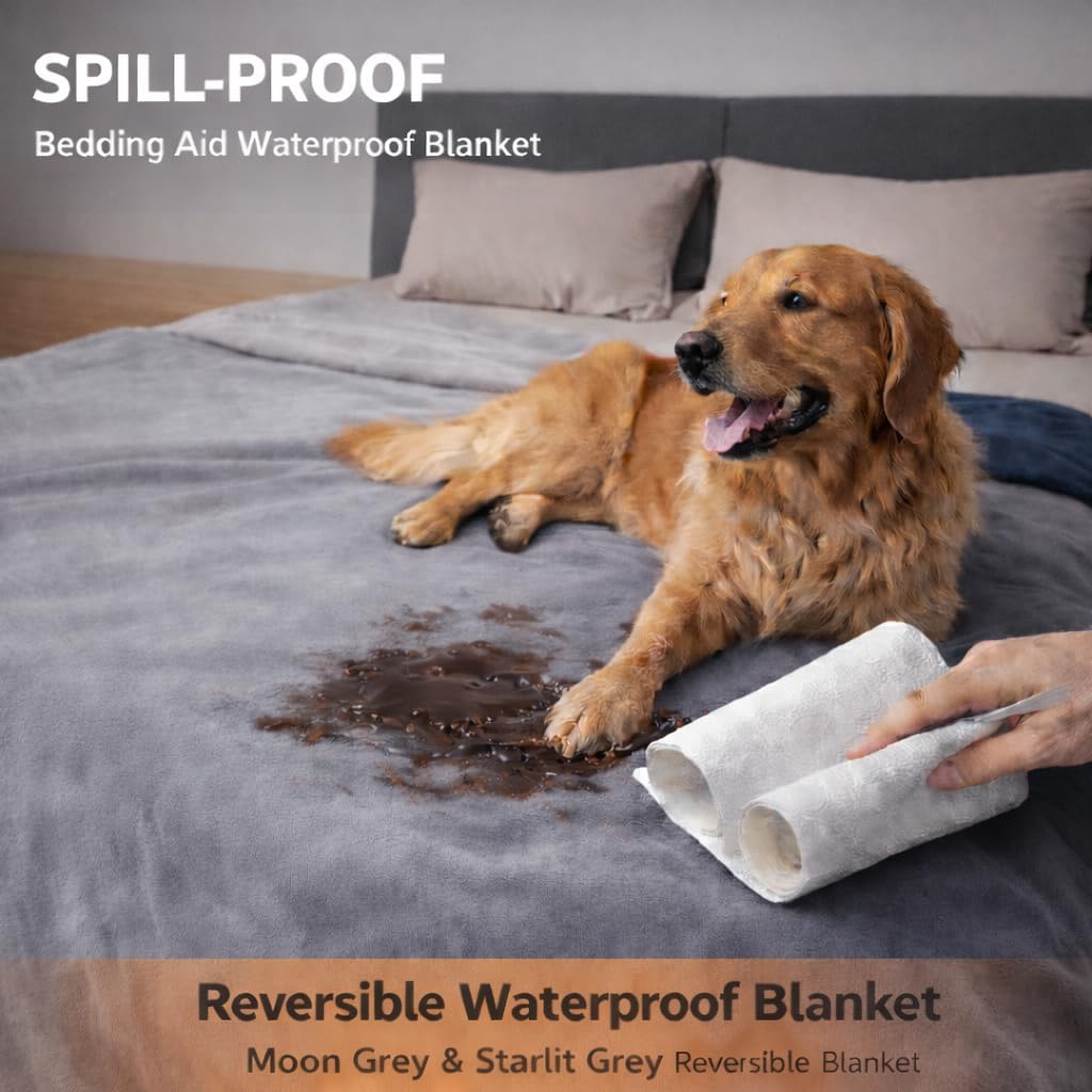 Bedding Aid spill-proof pet blanket in Starlit Grey protecting a couch from dog muddy paws.