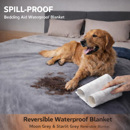 Bedding Aid spill-proof pet blanket in Starlit Grey protecting a couch from dog muddy paws.
