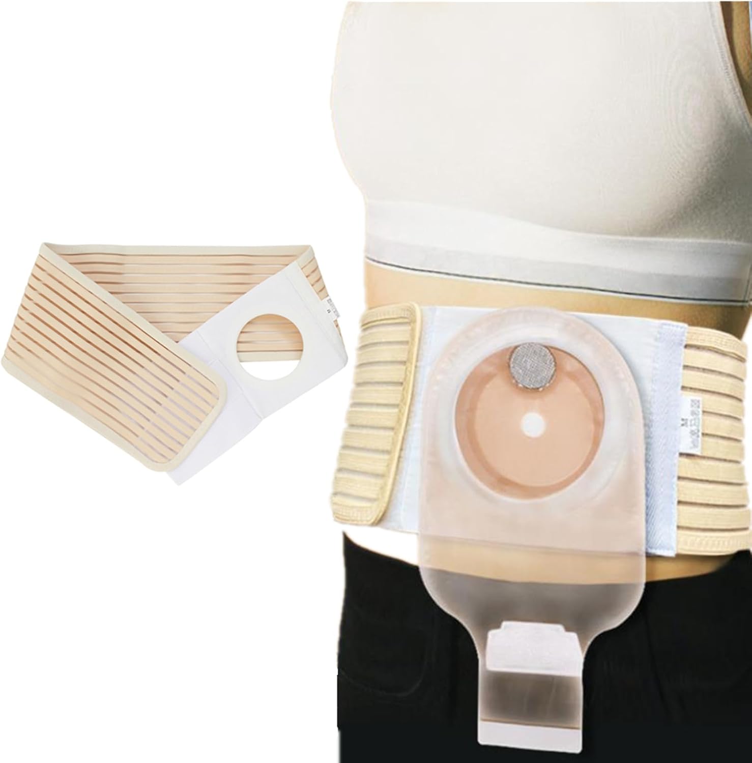 Steawoce unisex ostomy hernia support belt front view showing breathable beige fabric and stoma opening