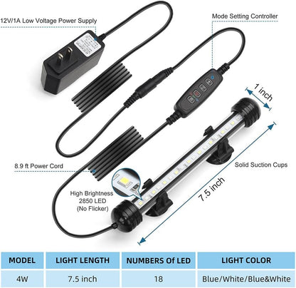 Novique underwater fish tank light bar showing eighteen premium LEDs glowing in deep blue mode.