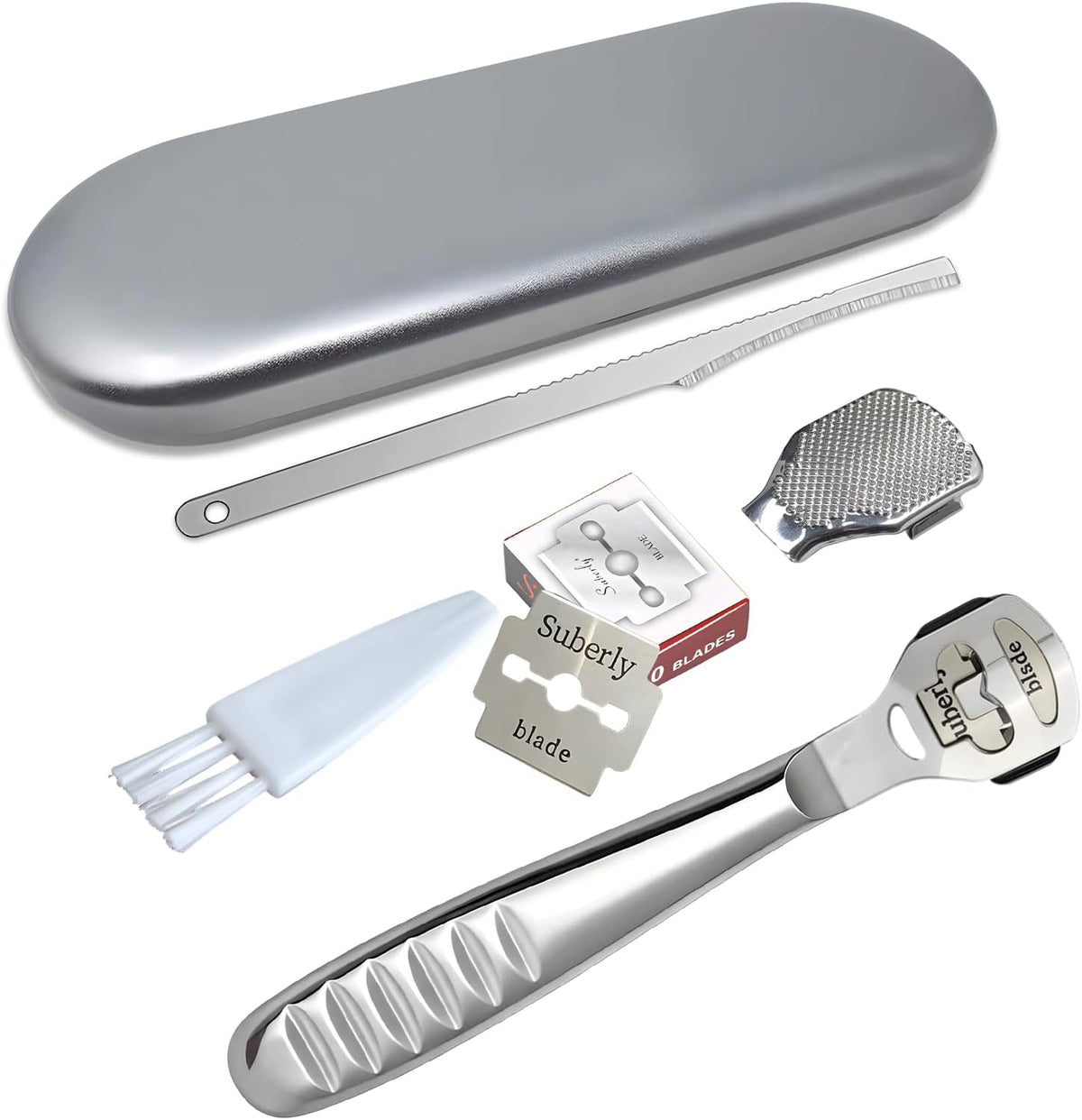 Bolsdoic callus shaver kit front view showing stainless steel handle and metal box