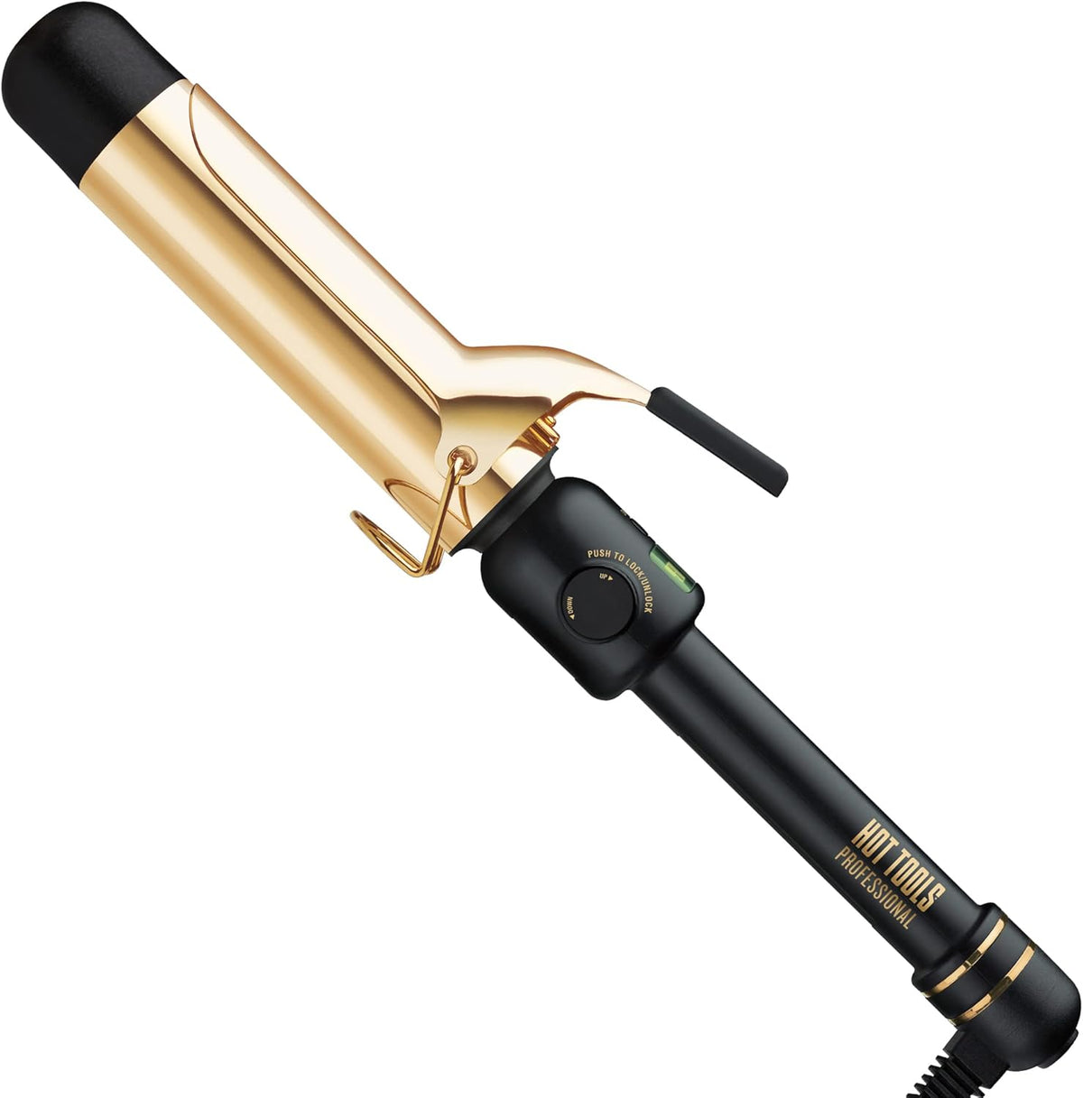 Hot Tools Professional 24K Gold Digital Curling Iron front view showing the gold barrel and handle