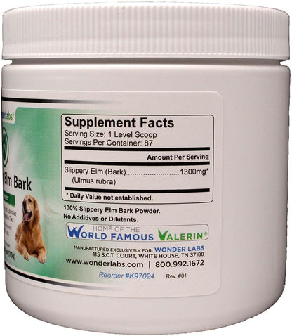 Wonder Labs Slippery Elm Bark Powder showing label details and pure ingredients list