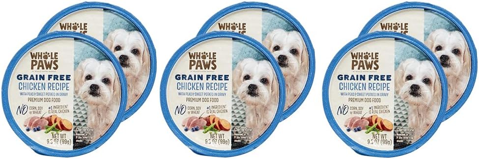 Top view of Whole Paws premium wet dog food packaging