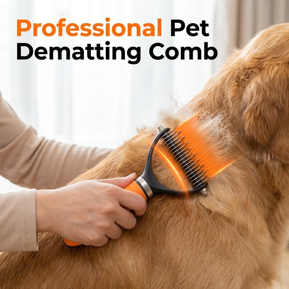 Two-in-one professional pet undercoat rake in green showing the dematting side.