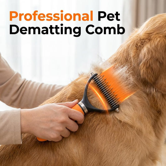 Two-in-one professional pet undercoat rake in green showing the dematting side.