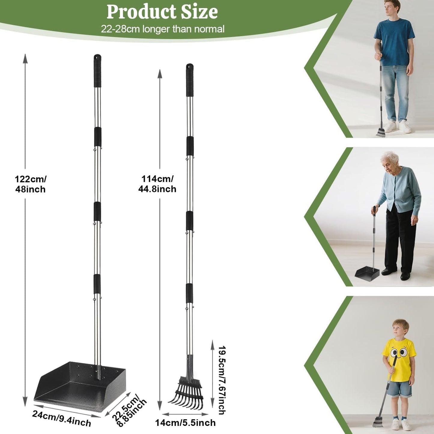 Heavy duty stainless steel pet poop tray and rake with adjustable handle.