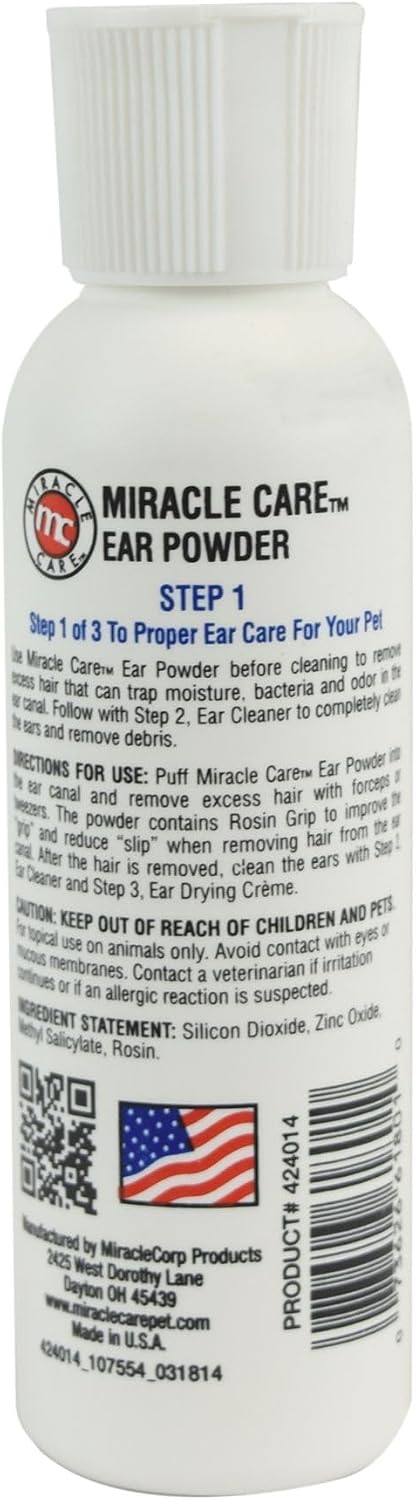 Close up of Miracle Care pet ear grooming powder 12 grams
