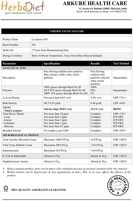 Herbadiet Lycopene dietary supplement ingredients and facts panel