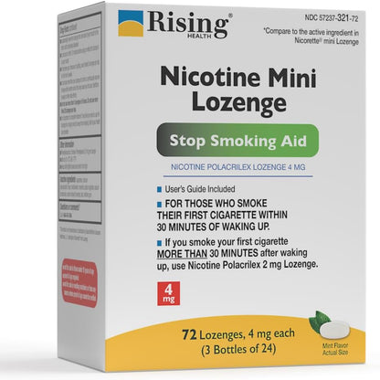 Rising Health Nicotine Mini Lozenge 4mg 72 count box front view for smoking cessation.