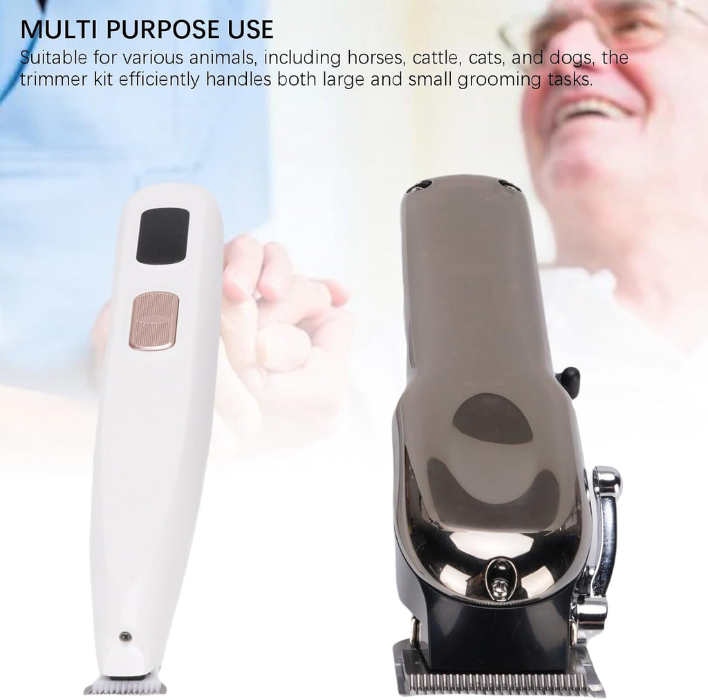 Brrnoo pet hair clipper with four interchangeable guide combs arranged next to the cleaning brush