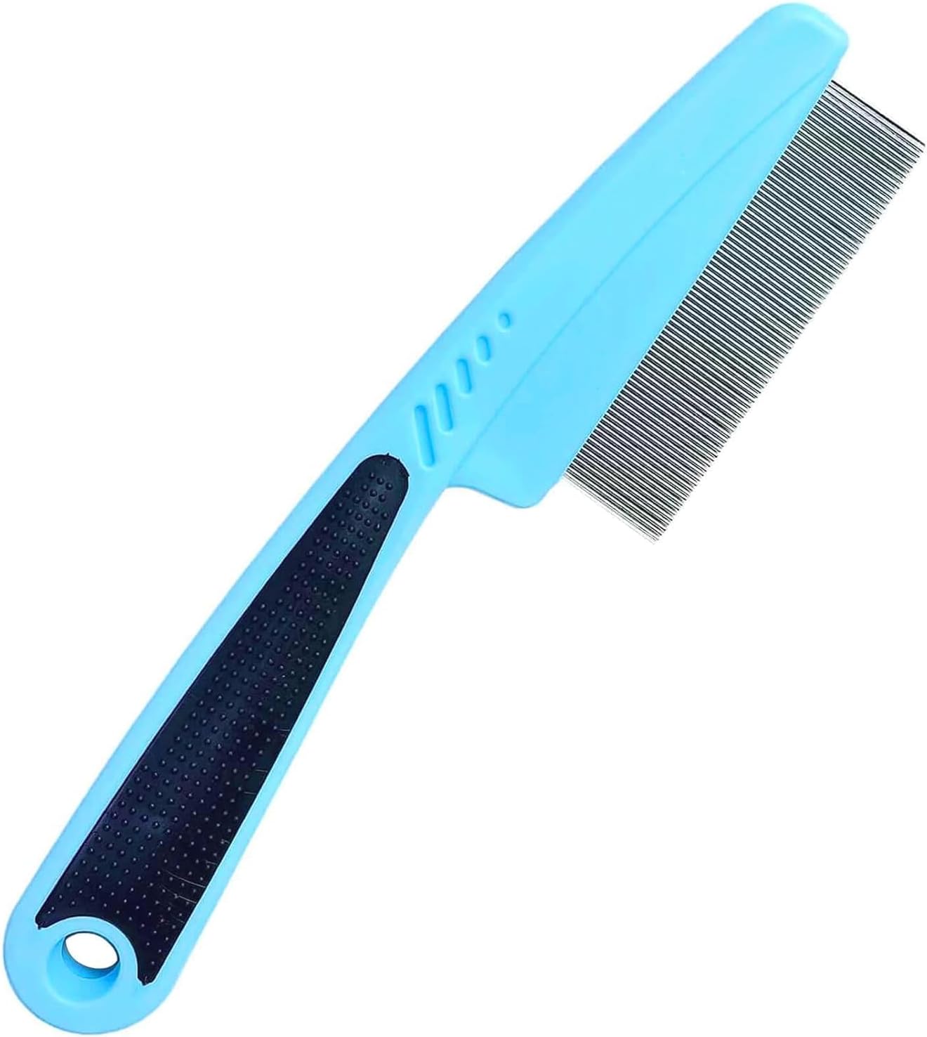 Jeufond flea comb with rubber handle front view showing blue ergonomic grip and fine steel teeth