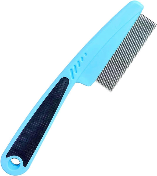 Jeufond flea comb with rubber handle front view showing blue ergonomic grip and fine steel teeth