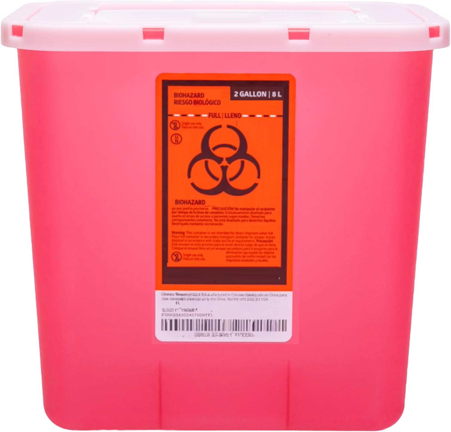 Vakly Professional Sharps Container Two Gallon front view displaying the red biohazard warning label.