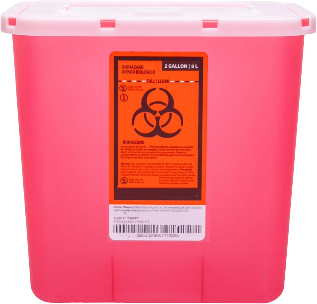 Vakly Professional Sharps Container Two Gallon front view displaying the red biohazard warning label.