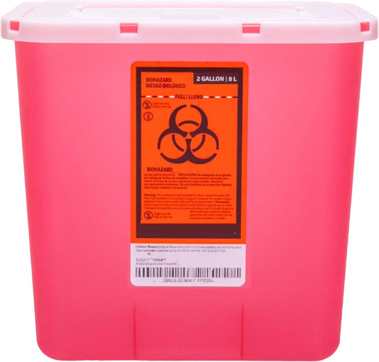 Vakly Professional Sharps Container Two Gallon front view displaying the red biohazard warning label.