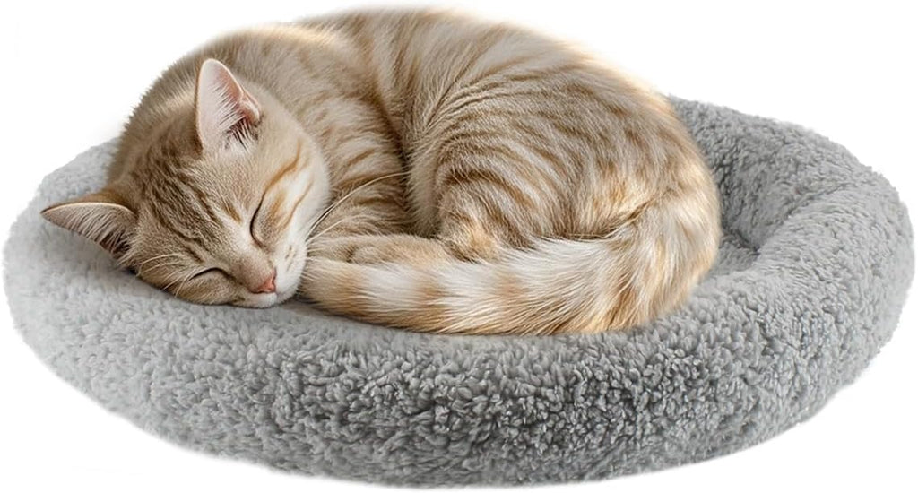 Small puppy resting head on the raised border of the plush mat