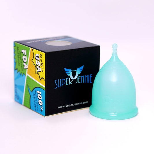 Super Jennie Menstrual Cup Large Teal front view showing soft silicone texture.