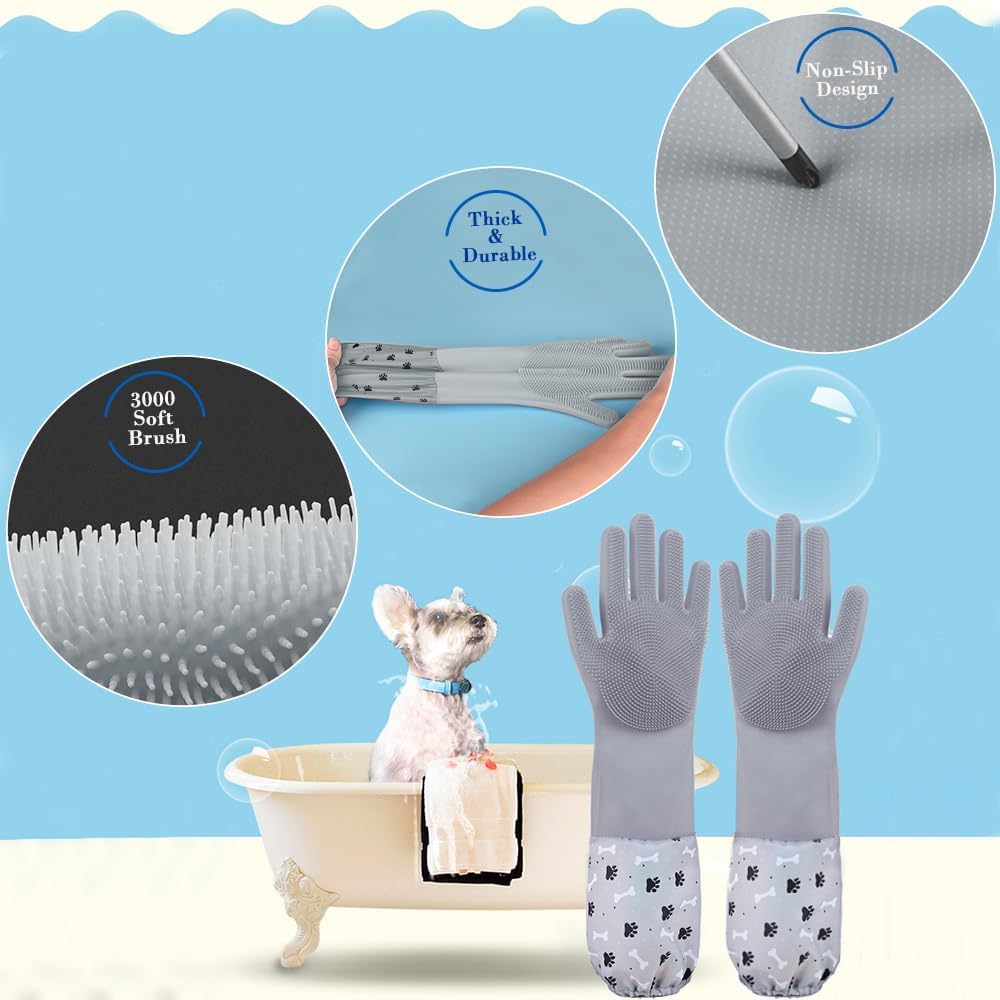 Gray pet grooming gloves for cats and dogs palm view