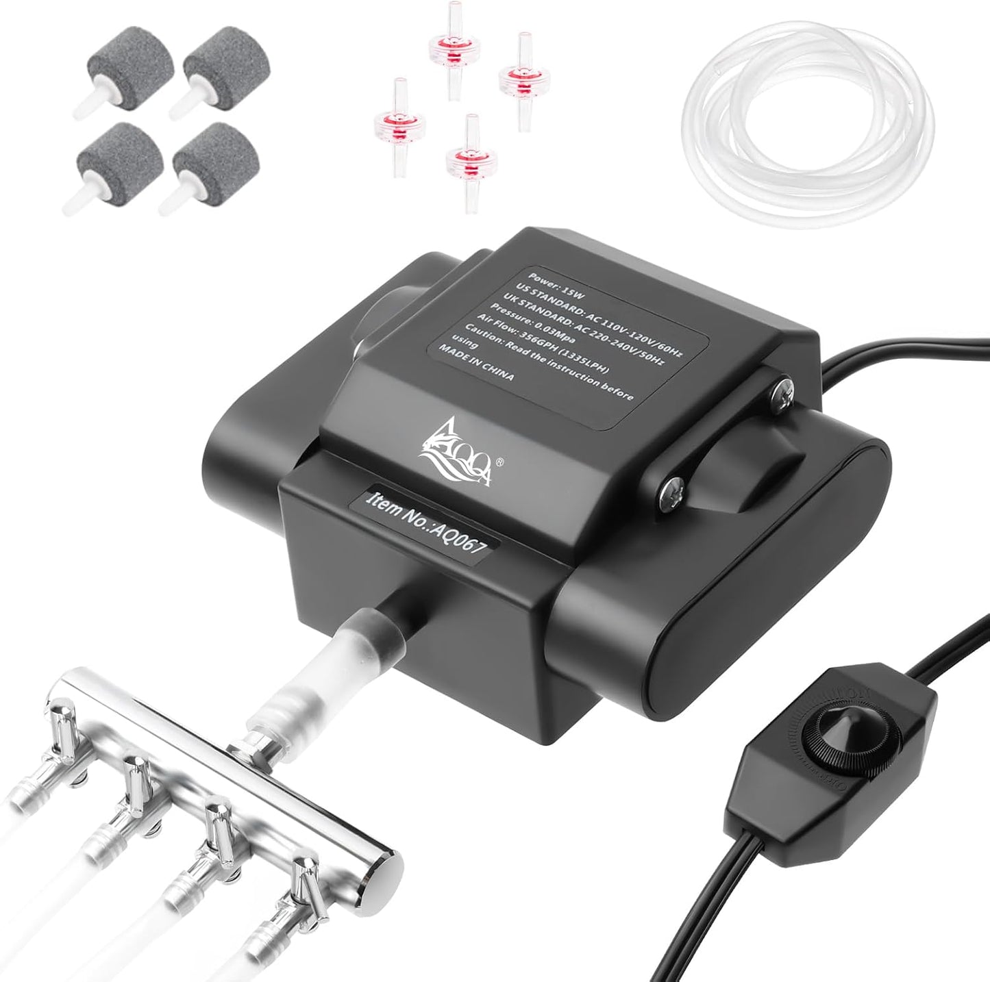 AQQA 15W aquarium air pump front view showing 4 outlets.