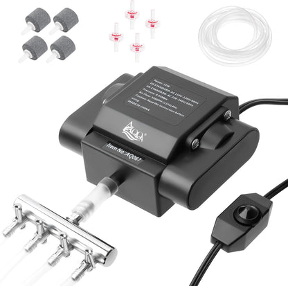 AQQA 15W aquarium air pump front view showing 4 outlets.