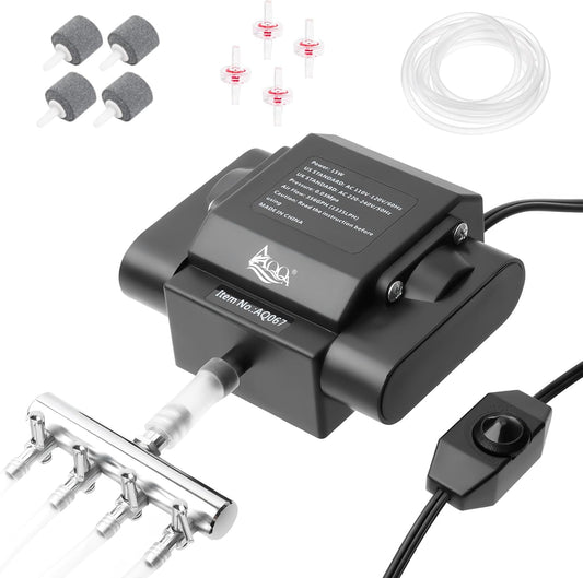 AQQA 15W aquarium air pump front view showing 4 outlets.