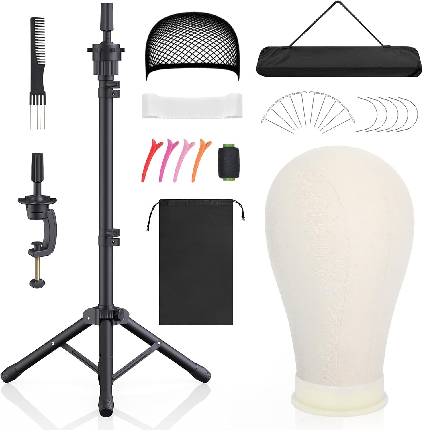 Hemndic wig stand with mannequin head set front view