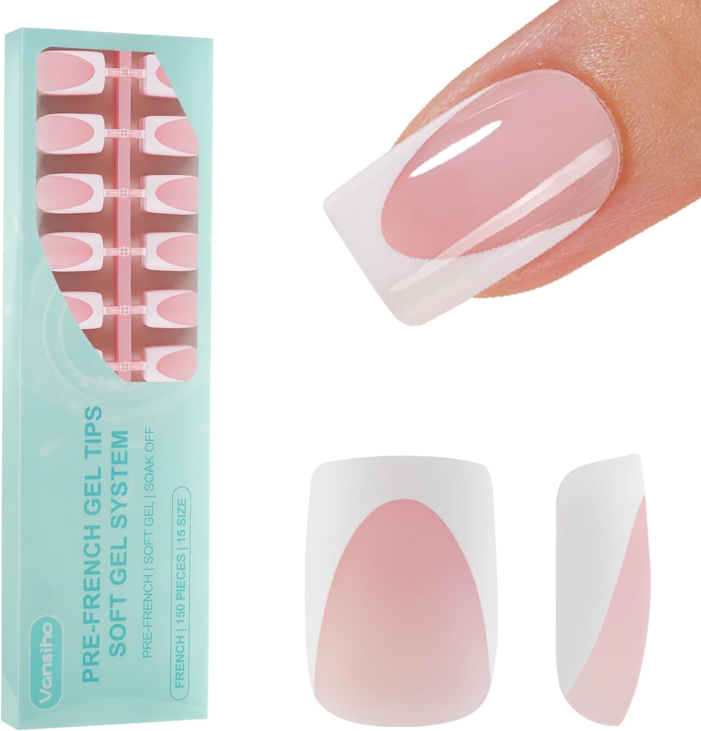 Vansiho deep french gel nail tips in a short square pink design