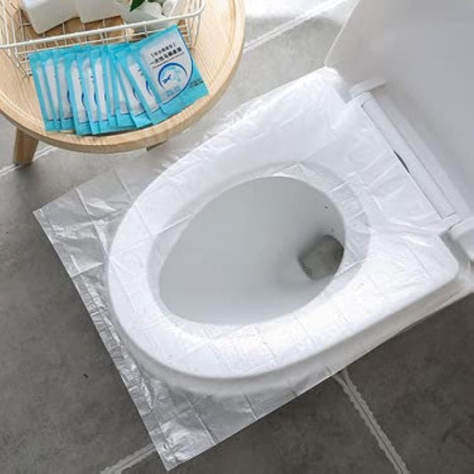 Neaglory Disposable Plastic Toilet Seat Covers front view of the packaging box showing individually wrapped travel packs